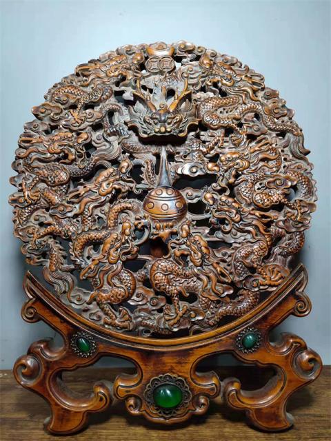黄楊木 彫刻 九龍図屏風 置物 2本 黄楊木 彫刻 九龍図屏風 置物 2本 木 - 国内外の優れた伝統