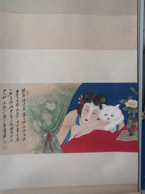 中国古美術・四尺仕女掛軸・国画・張大千印款・賞物・珍品画・肉筆・書画・文房置物 001 张大千仕女与猫纸本立轴|品得拍—24小时在线拍卖平台